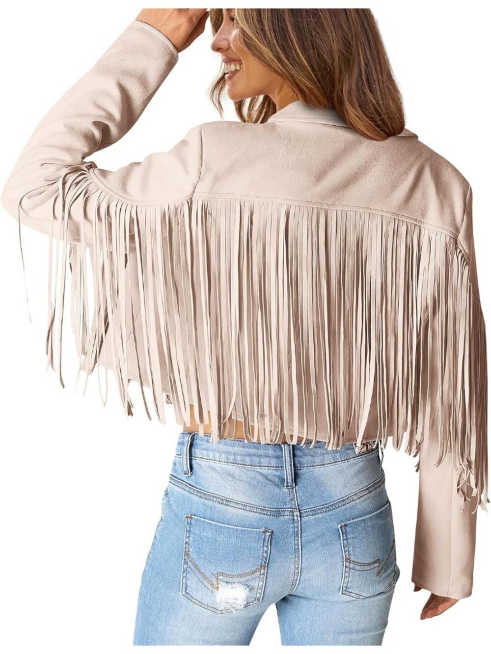 Women's Apricot Polyester Blend Faux Suede Leather Motorcycle Cropped Jacket - Picture 4 of 6